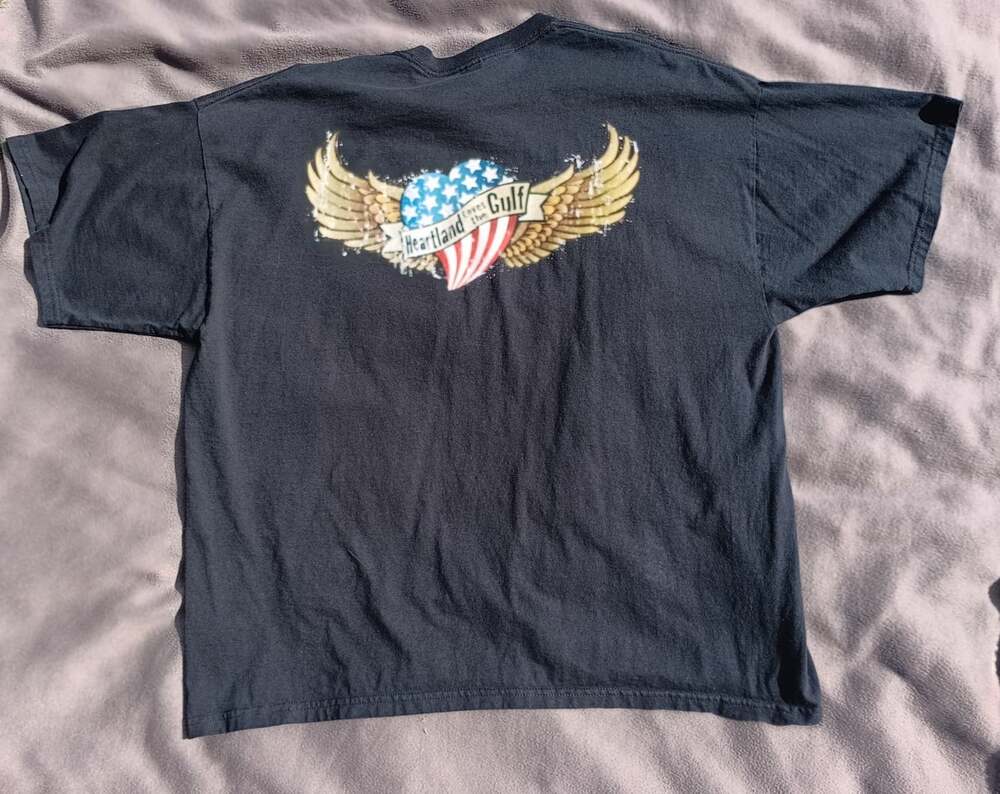 Gails Harley Davidson Heartland Loves the Gulf Tee 2XL Black Winged Flag Graphic